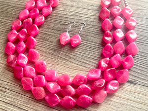 Big Bead pink Necklace, 3 Strand Statement Jewelry, magenta pink Chunky bib bridesmaid, hot pink jewelry, dark pink necklace earring set