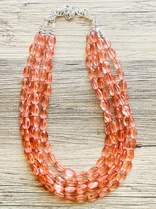 Translucent Coral 5 strand statement Necklace, Peach Beaded Necklace, summer silver jewelry, bubble bib neutral layer coral pink