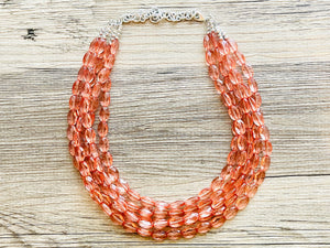 Translucent Coral 5 strand statement Necklace, Peach Beaded Necklace, summer silver jewelry, bubble bib neutral layer coral pink