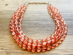 Translucent Coral 5 strand statement Necklace, Peach Beaded Necklace, summer silver jewelry, bubble bib neutral layer coral pink