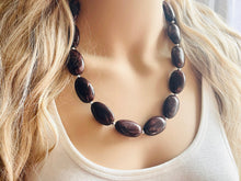 Load image into Gallery viewer, Mocha Shimmer Swirl Statement Necklace, Chunky Beaded Necklace, brown beaded necklace, 1 single strand, dark deep brown earrings jewelry