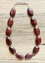 Load image into Gallery viewer, Mocha Shimmer Swirl Statement Necklace, Chunky Beaded Necklace, brown beaded necklace, 1 single strand, dark deep brown earrings jewelry