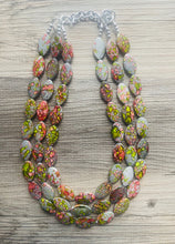 Load image into Gallery viewer, Speckled Watermelon Chunky Statement Necklace, Big beaded jewelry, 3 Strand bib chunky Necklace, gray green red silver earrings set jewelry