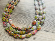 Load image into Gallery viewer, Speckled Watermelon Chunky Statement Necklace, Big beaded jewelry, 3 Strand bib chunky Necklace, gray green red silver earrings set jewelry