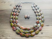 Load image into Gallery viewer, Speckled Watermelon Chunky Statement Necklace, Big beaded jewelry, 3 Strand bib chunky Necklace, gray green red silver earrings set jewelry