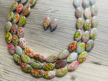 Load image into Gallery viewer, Speckled Watermelon Chunky Statement Necklace, Big beaded jewelry, 3 Strand bib chunky Necklace, gray green red silver earrings set jewelry