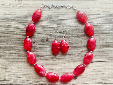 Bright Cherry Red Single Strand Big Beaded Statement Necklace, red beaded necklace, red bridesmaid necklace jewelry, red drop earrings