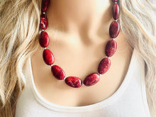 Load image into Gallery viewer, Deep Red Swirl Single Strand Big Beaded Statement Necklace, red beaded necklace, red bridesmaid necklace jewelry, red drop earrings