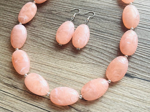 Peach Chunky Statement Necklace & earrings set, single 1 Strand Beaded Jewelry, light coral pink jewelry, bridesmaid wedding beaded bib