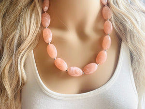 Peach Chunky Statement Necklace & earrings set, single 1 Strand Beaded Jewelry, light coral pink jewelry, bridesmaid wedding beaded bib