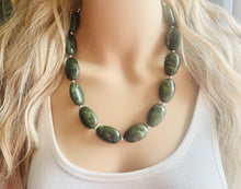 Load image into Gallery viewer, Olive Green Chunky Statement Necklace, Big beaded jewelry, Double Strand Statement Necklace, Bib necklace, earrings bridesmaid wedding camo