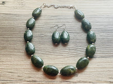 Load image into Gallery viewer, Olive Green Chunky Statement Necklace, Big beaded jewelry, Double Strand Statement Necklace, Bib necklace, earrings bridesmaid wedding camo