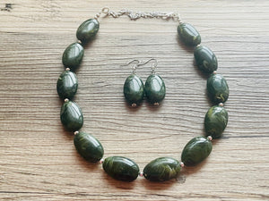 Olive Green Chunky Statement Necklace, Big beaded jewelry, Double Strand Statement Necklace, Bib necklace, earrings bridesmaid wedding camo