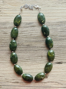 Olive Green Chunky Statement Necklace, Big beaded jewelry, Double Strand Statement Necklace, Bib necklace, earrings bridesmaid wedding camo