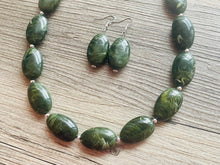 Load image into Gallery viewer, Olive Green Chunky Statement Necklace, Big beaded jewelry, Double Strand Statement Necklace, Bib necklace, earrings bridesmaid wedding camo