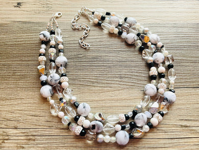 Eve’s Pearl Beaded Necklace, thick beaded cream wedding, chunky necklace resin white black shimmer necklace, 3 layer statement necklace