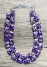 Load image into Gallery viewer, Paint splatter Purple &amp; Gray Necklace, 2 Strand Statement Jewelry, purple Chunky bib bridesmaid everyday bubble jewelry earrings