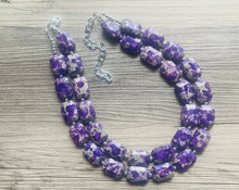Load image into Gallery viewer, Paint splatter Purple &amp; Gray Necklace, 2 Strand Statement Jewelry, purple Chunky bib bridesmaid everyday bubble jewelry earrings