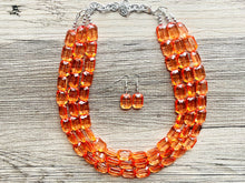 Load image into Gallery viewer, Coral Orange Statement Necklace, 3 multi Strand Beaded Jewelry, Bright Necklace, coral necklace, summer necklace, beaded jewelry earrings