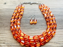 Load image into Gallery viewer, Coral Orange Statement Necklace, 3 multi Strand Beaded Jewelry, Bright Necklace, coral necklace, summer necklace, beaded jewelry earrings