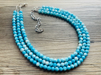 Perfect Summer Necklace, beaded Jewelry, chunky aqua blue and white teal 3 layer statement OOAK bib necklace, glass necklace set