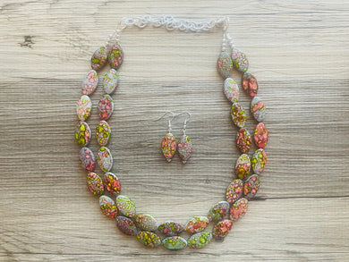 Speckled Watermelon Chunky Statement Necklace, Big beaded jewelry, 2 Strand bib chunky Necklace, gray green red silver earrings set jewelry