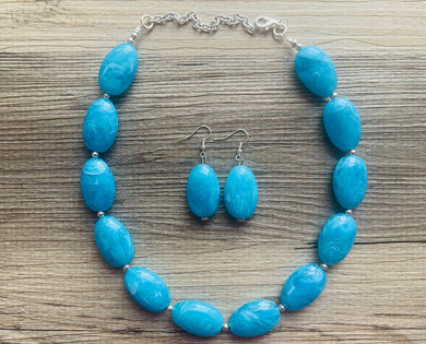 Chunky Caribbean Blue Statement Necklace & earring set jewelry, blue bib necklace, geometric necklace single strand aqua teal sky beaded