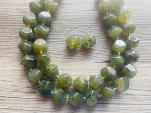 Army Green Chunky Statement Necklace, Big beaded jewelry, Double Strand Statement Necklace, Bib necklace, green bridesmaid wedding camo