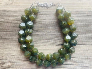 Army Green Chunky Statement Necklace, Big beaded jewelry, Double Strand Statement Necklace, Bib necklace, green bridesmaid wedding camo