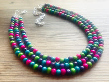 Load image into Gallery viewer, Jewel Tone Cobblestone Chunky Rainbow Beaded Necklace, 3 Strand Colorful Jewelry statement necklace, wood big beaded