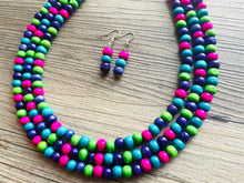 Load image into Gallery viewer, Jewel Tone Cobblestone Chunky Rainbow Beaded Necklace, 3 Strand Colorful Jewelry statement necklace, wood big beaded