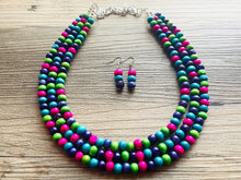 Load image into Gallery viewer, Jewel Tone Cobblestone Chunky Rainbow Beaded Necklace, 3 Strand Colorful Jewelry statement necklace, wood big beaded