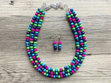 Load image into Gallery viewer, Jewel Tone Cobblestone Chunky Rainbow Beaded Necklace, 3 Strand Colorful Jewelry statement necklace, wood big beaded