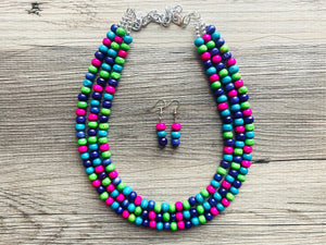 Jewel Tone Cobblestone Chunky Rainbow Beaded Necklace, 3 Strand Colorful Jewelry statement necklace, wood big beaded