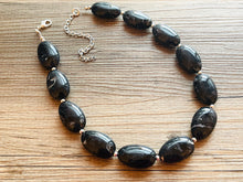 Load image into Gallery viewer, Black Swirl Necklace, single strand jewelry, big beaded chunky statement necklace, black necklace, drop black resin earrings 1 strand