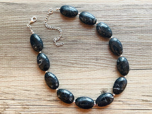 Black Swirl Necklace, single strand jewelry, big beaded chunky statement necklace, black necklace, drop black resin earrings 1 strand