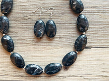 Load image into Gallery viewer, Black Swirl Necklace, single strand jewelry, big beaded chunky statement necklace, black necklace, drop black resin earrings 1 strand