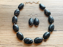 Load image into Gallery viewer, Black Swirl Necklace, single strand jewelry, big beaded chunky statement necklace, black necklace, drop black resin earrings 1 strand