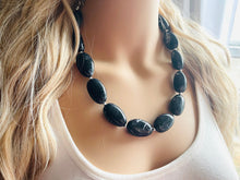 Load image into Gallery viewer, Black Swirl Necklace, single strand jewelry, big beaded chunky statement necklace, black necklace, drop black resin earrings 1 strand