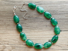 Load image into Gallery viewer, Jalapeño green Statement Necklace &amp; Earrings, emerald green jewelry set, dark deep green bib chunky necklace forest resin beaded silver