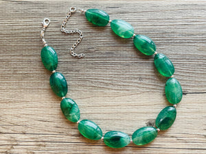 Jalapeño green Statement Necklace & Earrings, emerald green jewelry set, dark deep green bib chunky necklace forest resin beaded silver