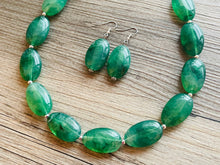 Load image into Gallery viewer, Jalapeño green Statement Necklace &amp; Earrings, emerald green jewelry set, dark deep green bib chunky necklace forest resin beaded silver