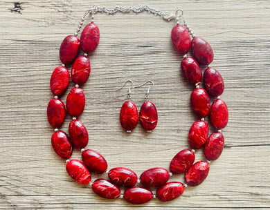 Deep Red Chunky Statement Necklace, Big beaded jewelry, double strand Statement Necklace, chunky red bib jewelry earrings