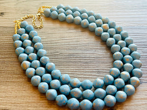 Aqua Blue 3 Strand Statement Necklace, Chunky light blue & Gold clay Beaded Bib Jewelry, blue jewelry, baby blue jewlery necklace