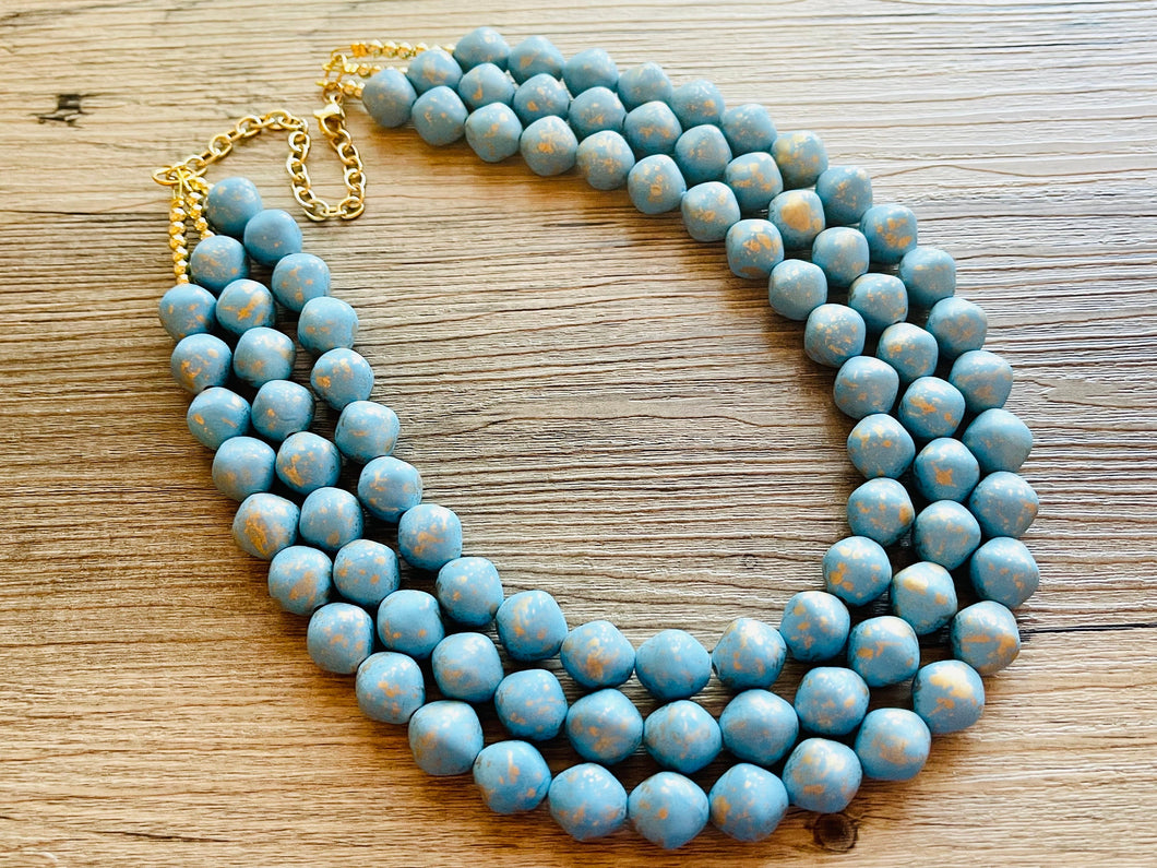 Aqua Blue 3 Strand Statement Necklace, Chunky light blue & Gold clay Beaded Bib Jewelry, blue jewelry, baby blue jewlery necklace