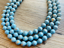 Load image into Gallery viewer, Aqua Blue 3 Strand Statement Necklace, Chunky light blue &amp; Gold clay Beaded Bib Jewelry, blue jewelry, baby blue jewlery necklace