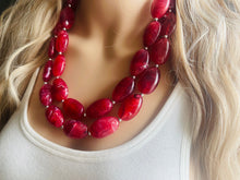 Load image into Gallery viewer, Cherry Red Chunky Statement Necklace, Big beaded jewelry, double strand Statement Necklace, chunky red bib jewelry earrings