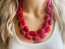 Load image into Gallery viewer, Cherry Red Chunky Statement Necklace, Big beaded jewelry, double strand Statement Necklace, chunky red bib jewelry earrings