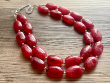 Load image into Gallery viewer, Cherry Red Chunky Statement Necklace, Big beaded jewelry, double strand Statement Necklace, chunky red bib jewelry earrings