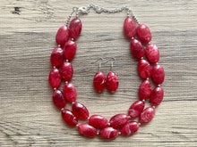 Load image into Gallery viewer, Cherry Red Chunky Statement Necklace, Big beaded jewelry, double strand Statement Necklace, chunky red bib jewelry earrings